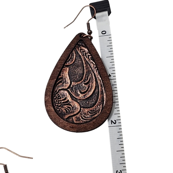 Wooden Faux Leather Vegan Drop Earrings - Picture 2 of 5